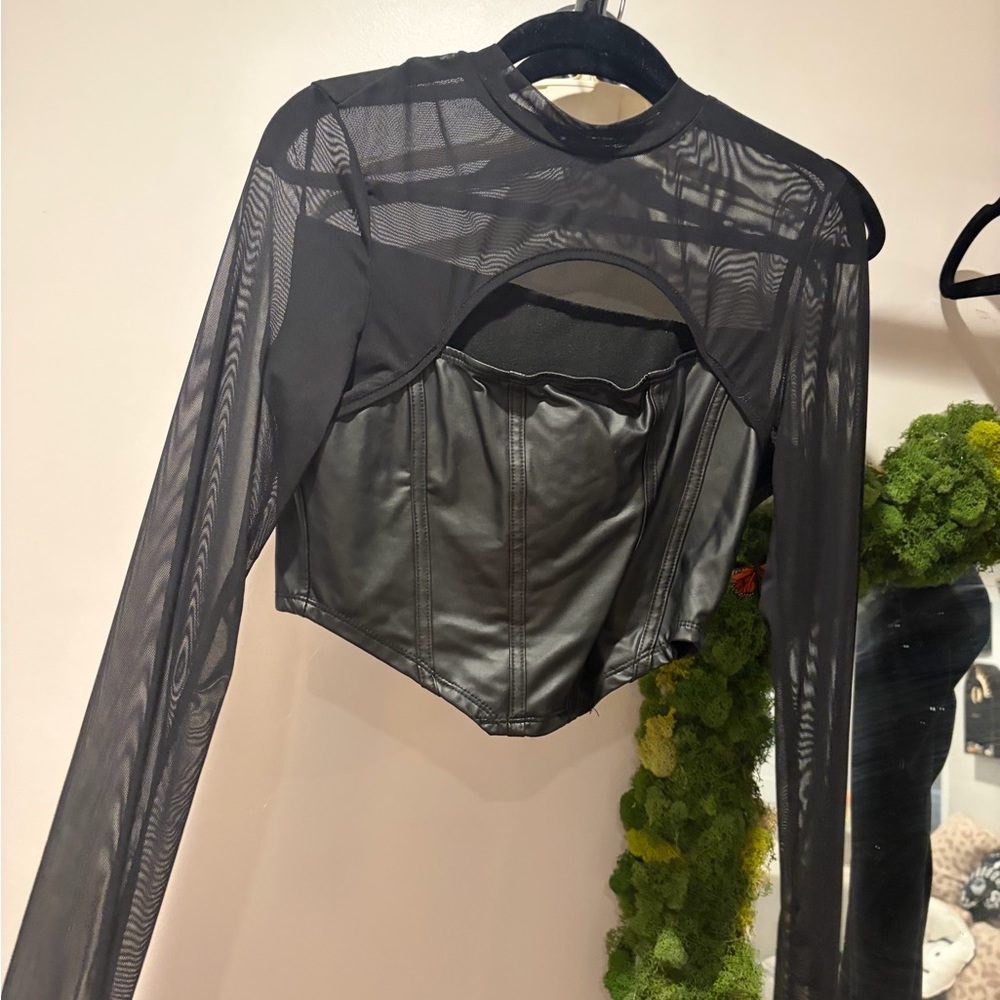 Black leather&  Mesh Long Sleeve Crop Top